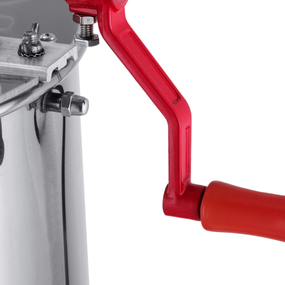 Extracteur de miel manuel T-Mech en acier inoxydable avec poignée rouge, conçu pour une extraction facile et efficace du miel