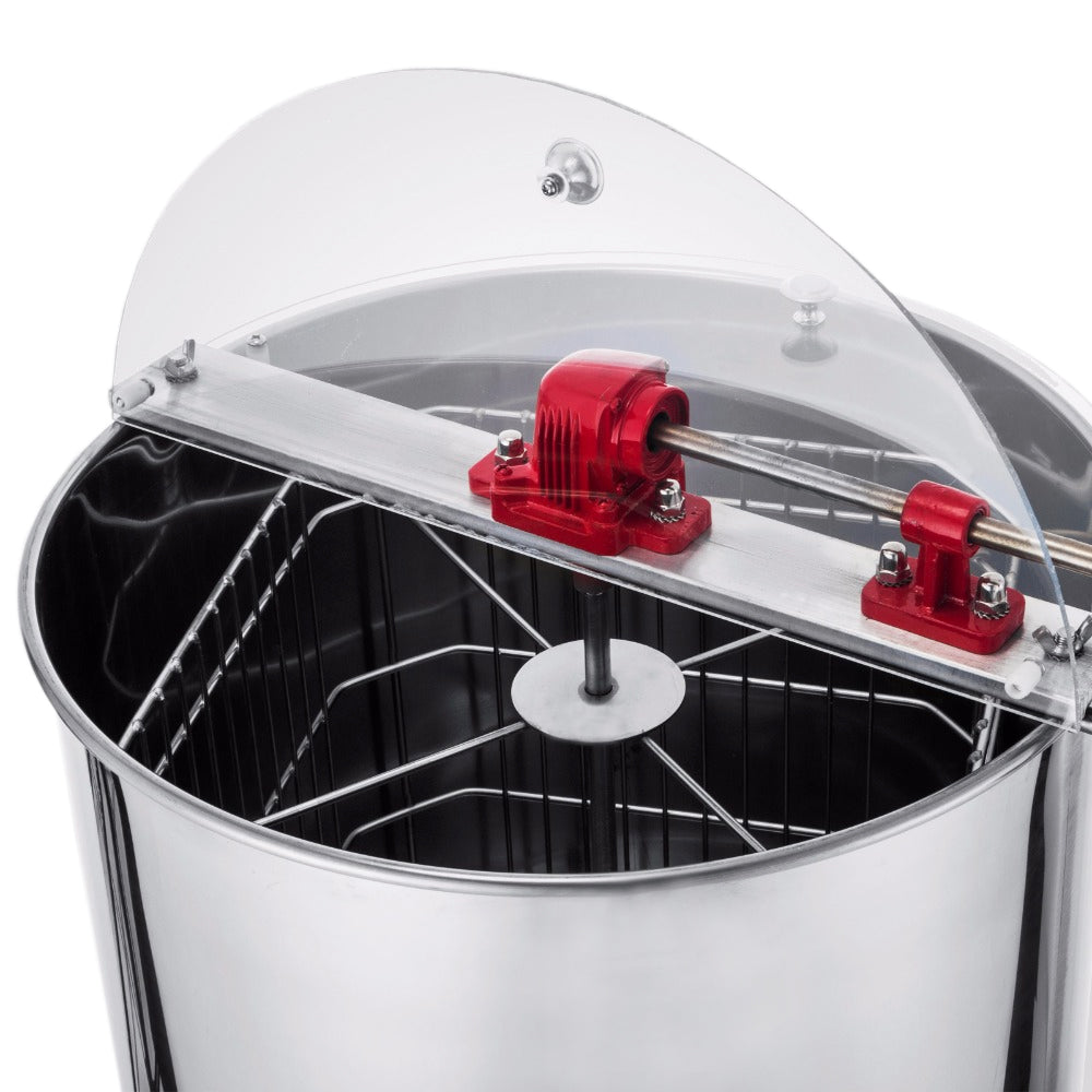 Extracteur de miel manuel T-Mech en acier inoxydable, avec couvercle transparent et mécanisme rouge, conçu pour une extraction facile et efficace