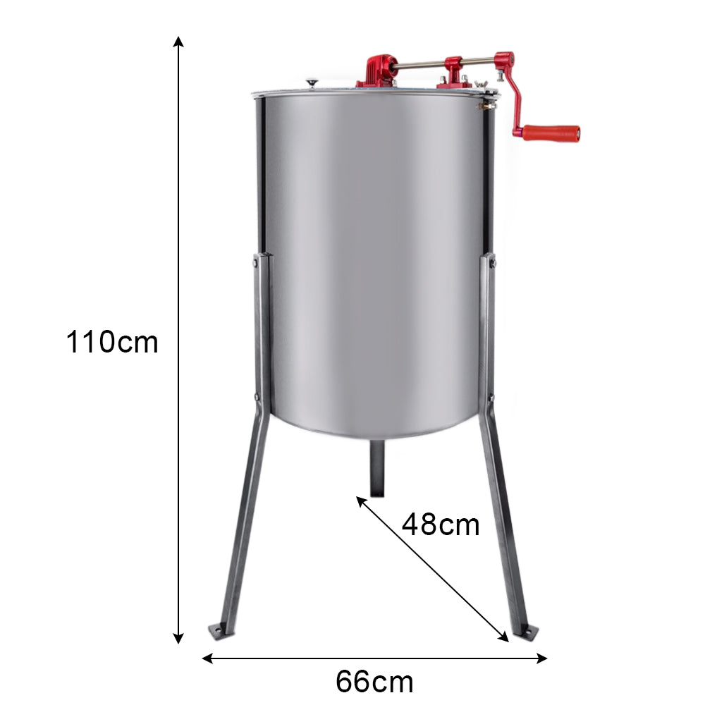 Extracteur de miel manuel en acier inoxydable, cylindrique, avec un robinet rouge et des pieds en métal, dimensions 110 cm de hauteur et 66 cm de diamètre