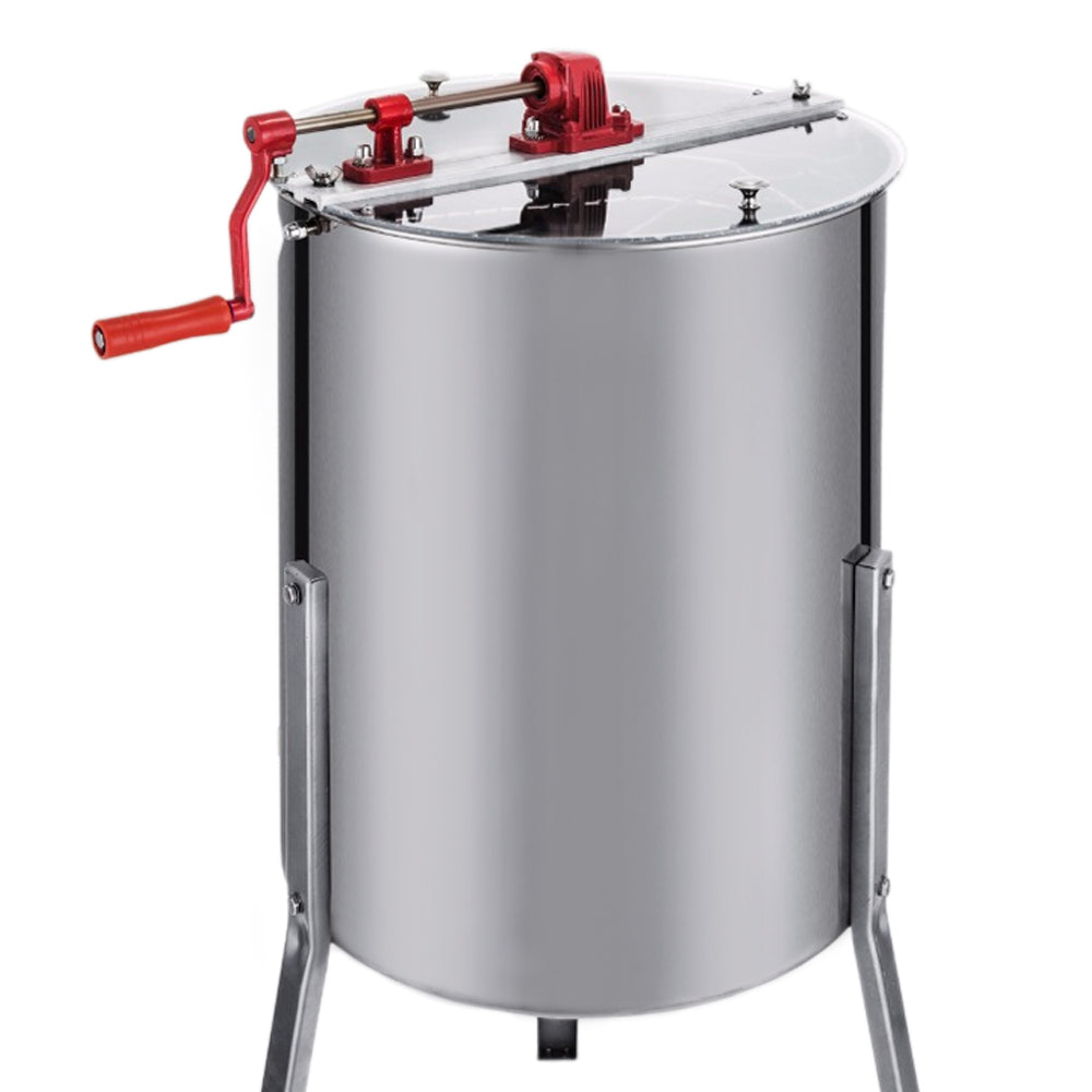 Extracteur de miel manuel T-Mech en acier inoxydable brillant avec un couvercle transparent et une manivelle rouge pour une extraction facile