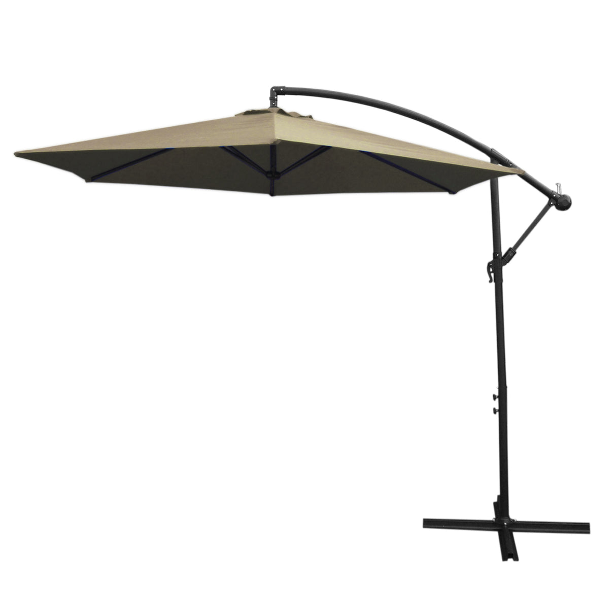 Parasol déporté de 3 m en beige, avec une structure en métal noir, offrant une ombre élégante et spacieuse pour les espaces extérieurs