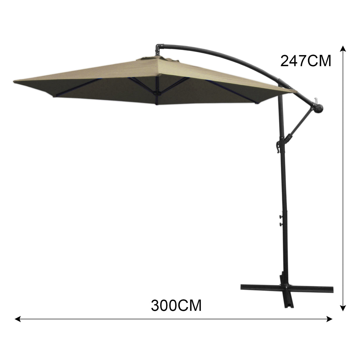 Parasol déporté beige de 3 m avec armature noire, forme carrée, idéal pour ombrager les espaces extérieurs et résistant aux intempéries