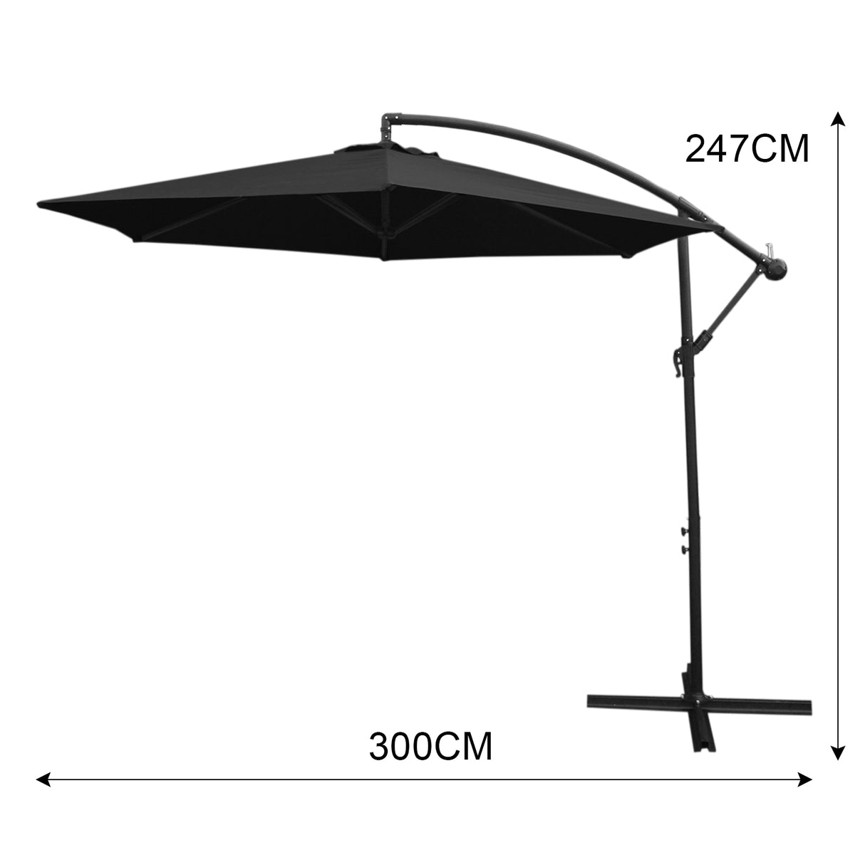 Parasol déporté noir de 3 m avec structure en métal, toile résistante, design moderne et bras articulé pour une ombre optimale