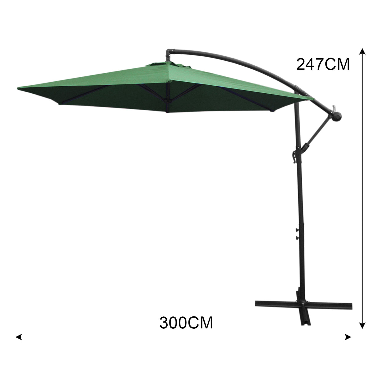 Parasol déporté vert de 3 m avec structure noire, toile en polyester, design moderne et ombre généreuse pour jardin ou terrasse