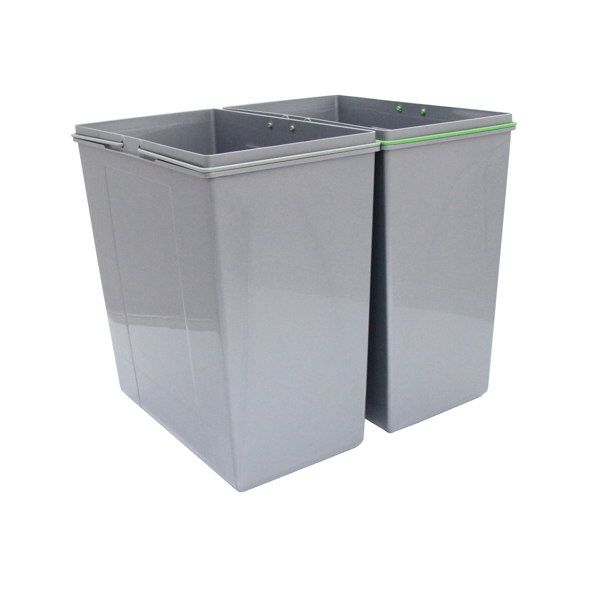 Poubelle incastrable KuKoo de 90 L en plastique gris, avec deux compartiments rectangulaires et couvercles verts, idéale pour le tri des déchets