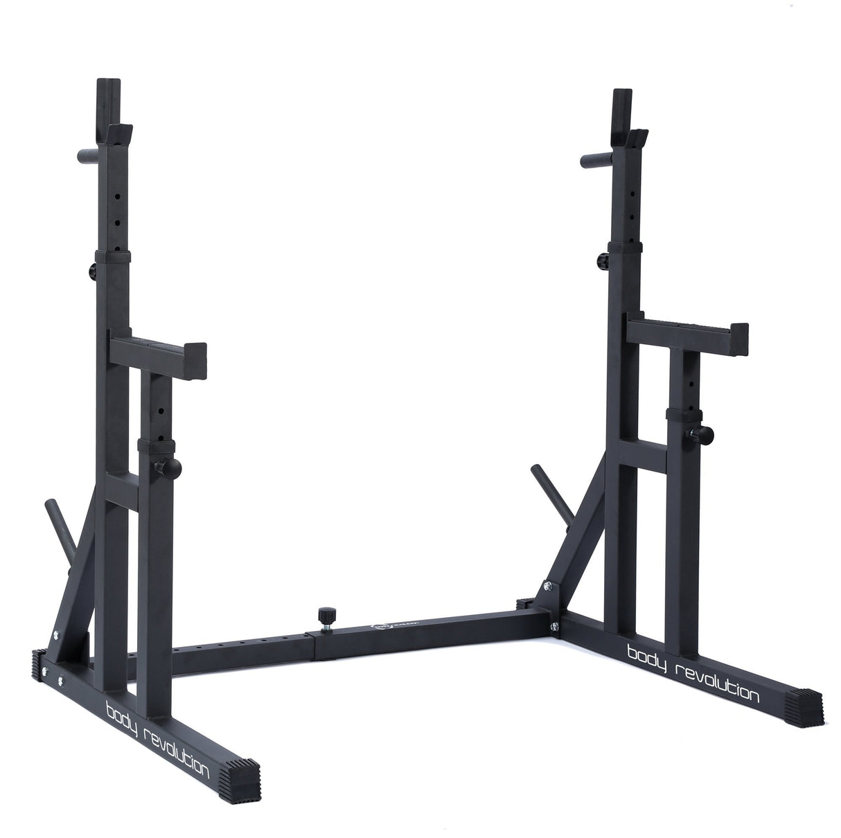 Rack à squat en métal noir, robuste et ajustable, avec supports pour barres, conçu pour un entraînement efficace à domicile