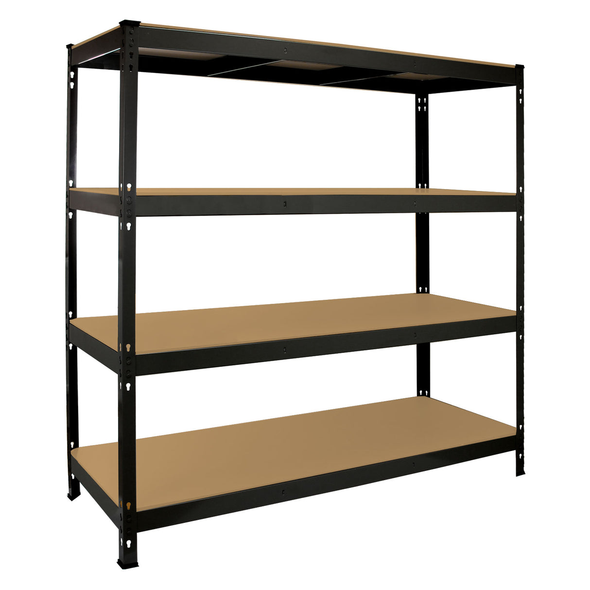 Rayonnage Q-Rax en acier noir, dimensions 160cm x 60cm x 160cm, avec quatre étagères en bois clair, offrant robustesse et espace de rangement