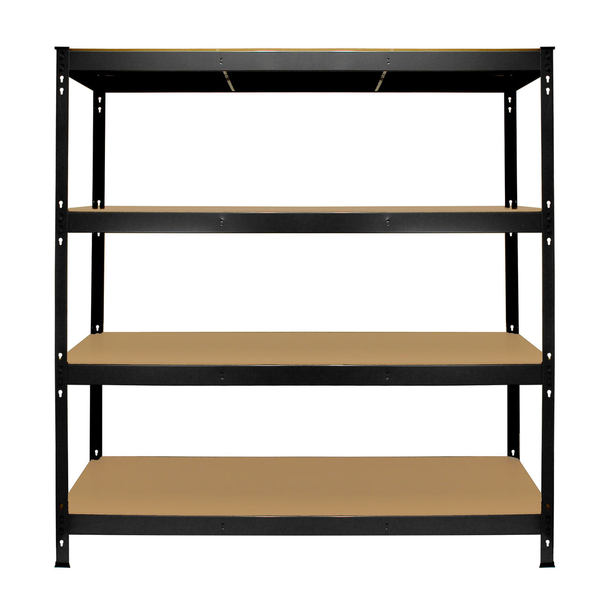 Rayonnage Q-Rax en acier noir, dimensions 160cm x 60cm x 160cm, avec quatre étagères en bois clair, design robuste et moderne
