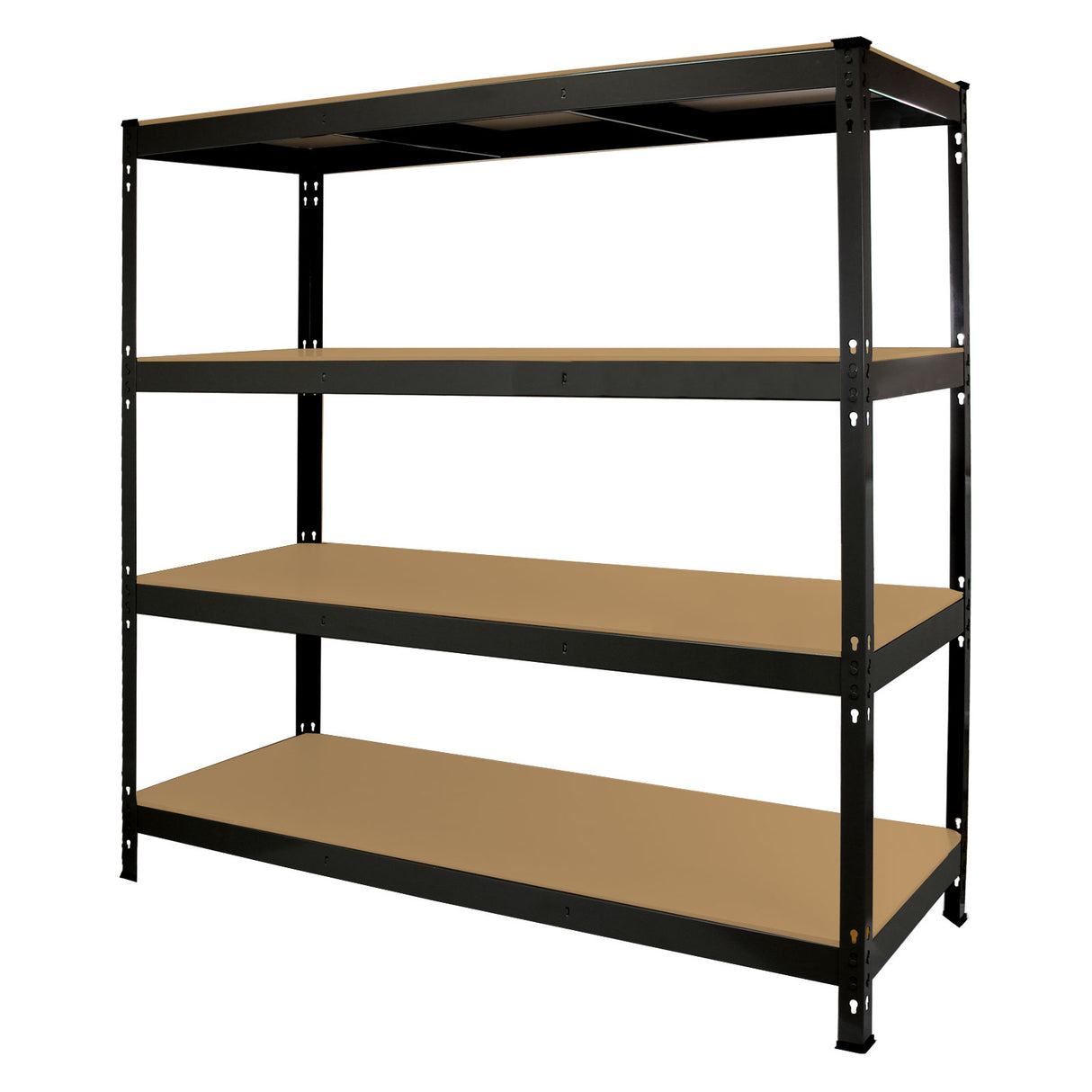 Rayonnage Q-Rax en acier noir, dimensions 160cm x 60cm x 160cm, avec quatre étagères robustes et surfaces en bois clair