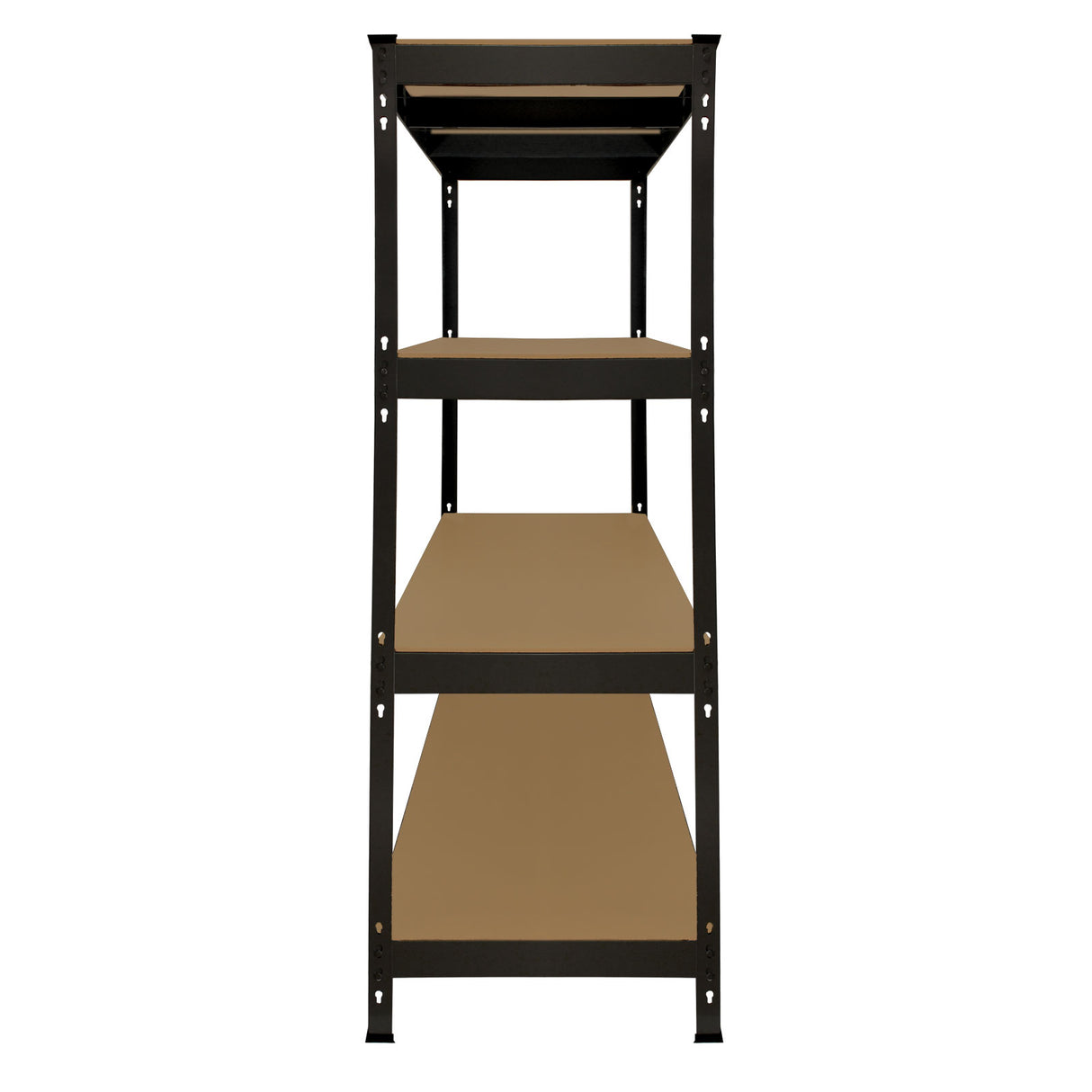 Rayonnage Q-Rax en acier noir, dimensions 160cm x 60cm x 160cm, avec quatre étagères en bois clair, design robuste et moderne