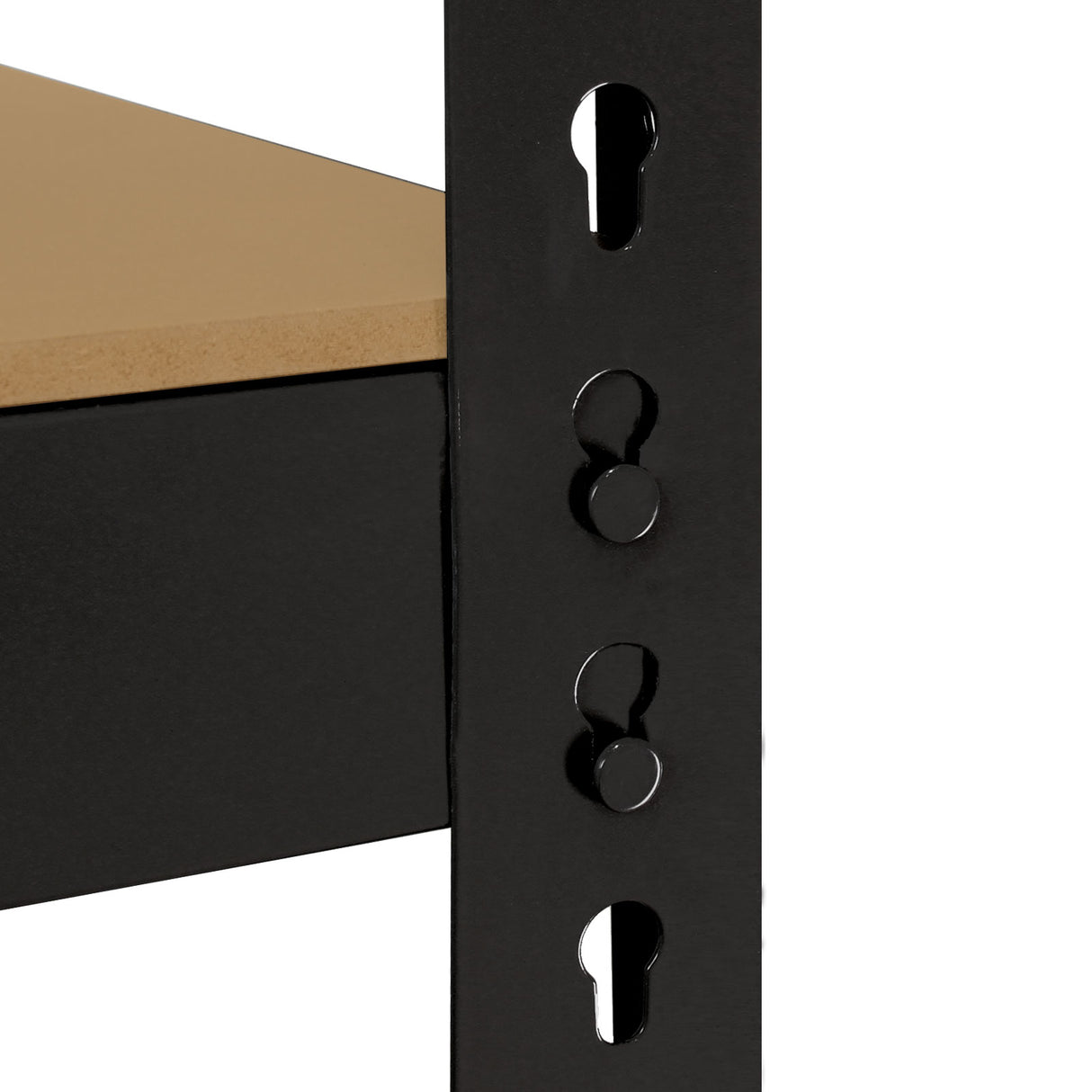 Rayonnage Q-Rax en acier noir avec étagère en bois clair, détails de fixation et finition lisse, dimensions 160cm x 60cm x 160cm