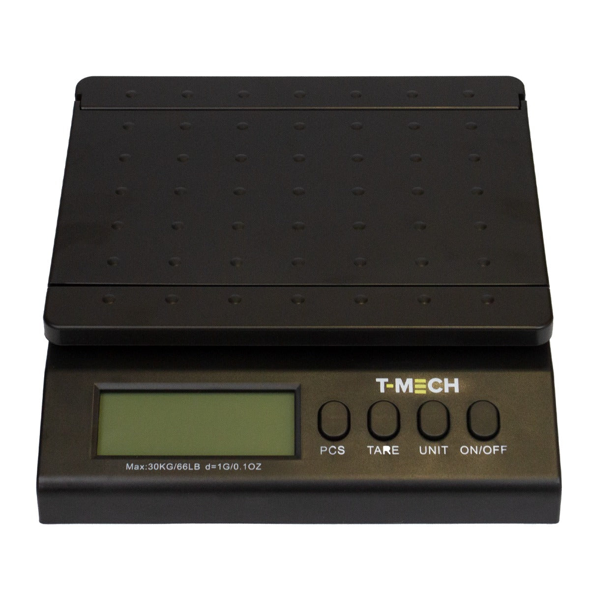 Balance postale T-Mech avec écran LCD, surface noire texturée, boutons de contrôle en bas, capacité maximale de 30 kg