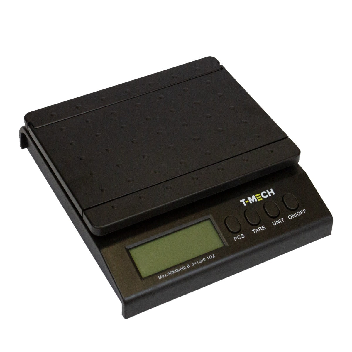 Balance postale T-Mech avec écran LCD, surface noire texturée, boutons de contrôle et affichage clair pour pesage précis