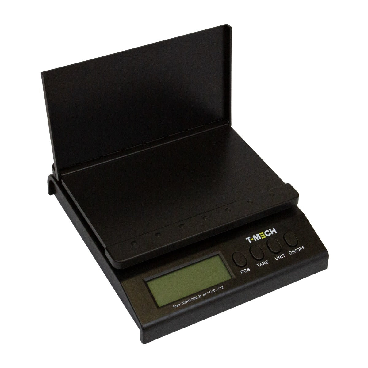 Balance postale T-Mech avec écran LCD, surface noire mate, design compact, idéal pour peser des colis avec précision