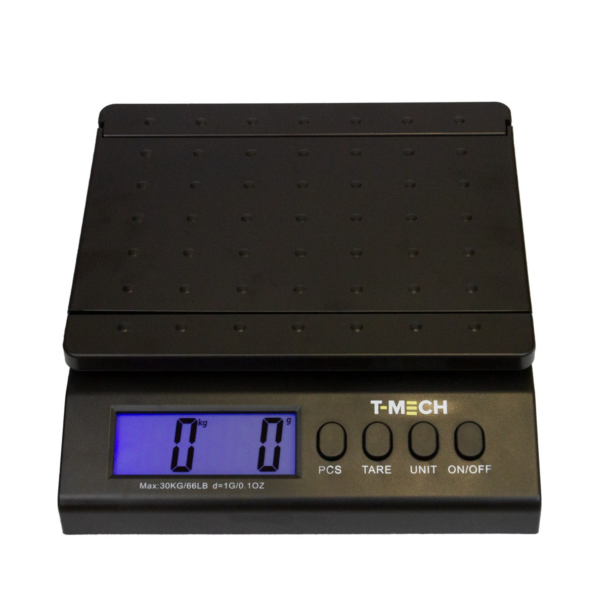 Balance postale T-Mech avec écran LCD bleu, surface noire texturée, capacité maximale de 30 kg, boutons de commande en bas