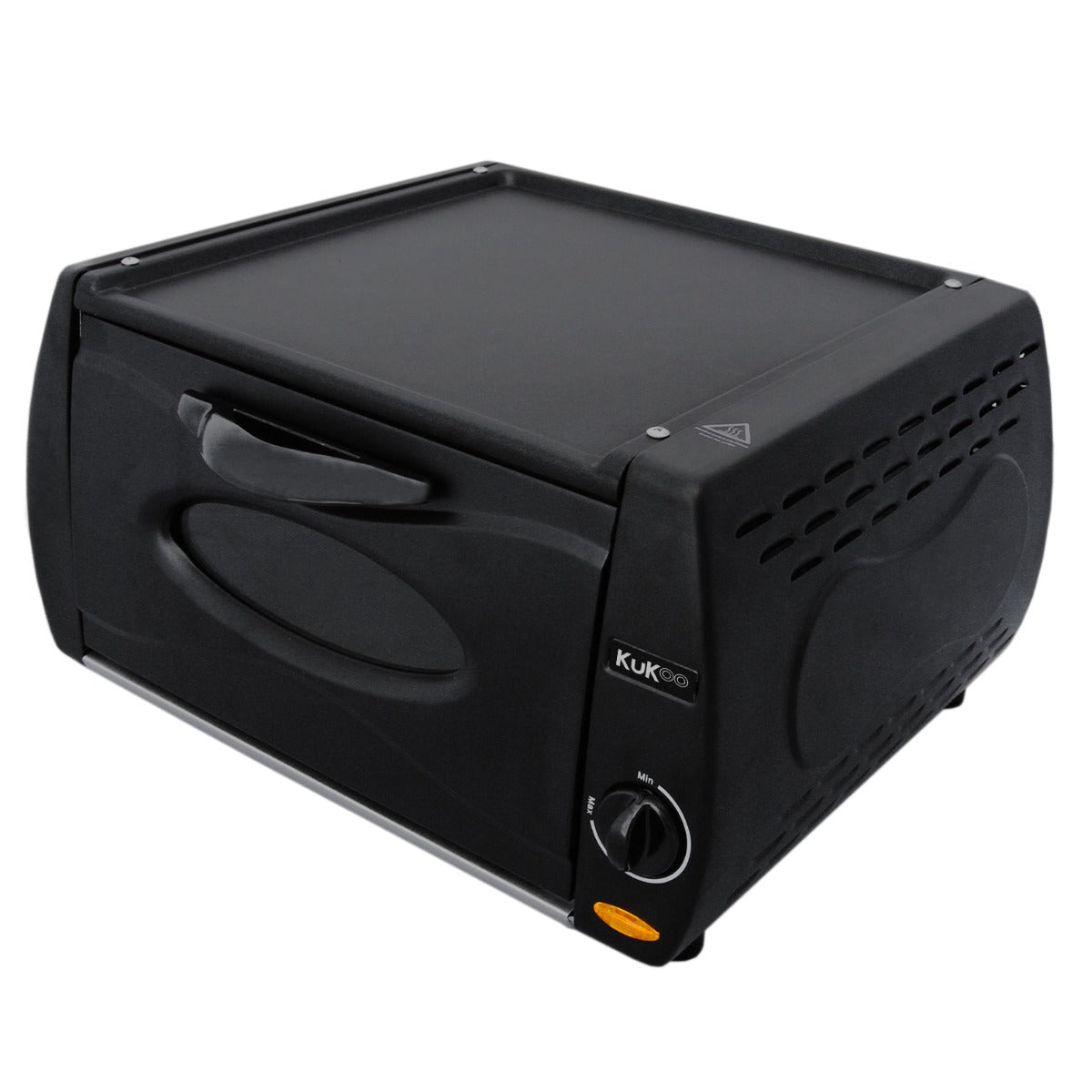 Mini four Tandoor KuKoo noir, compact avec surface de cuisson lisse, boutons de contrôle et poignée ergonomique pour un usage facile