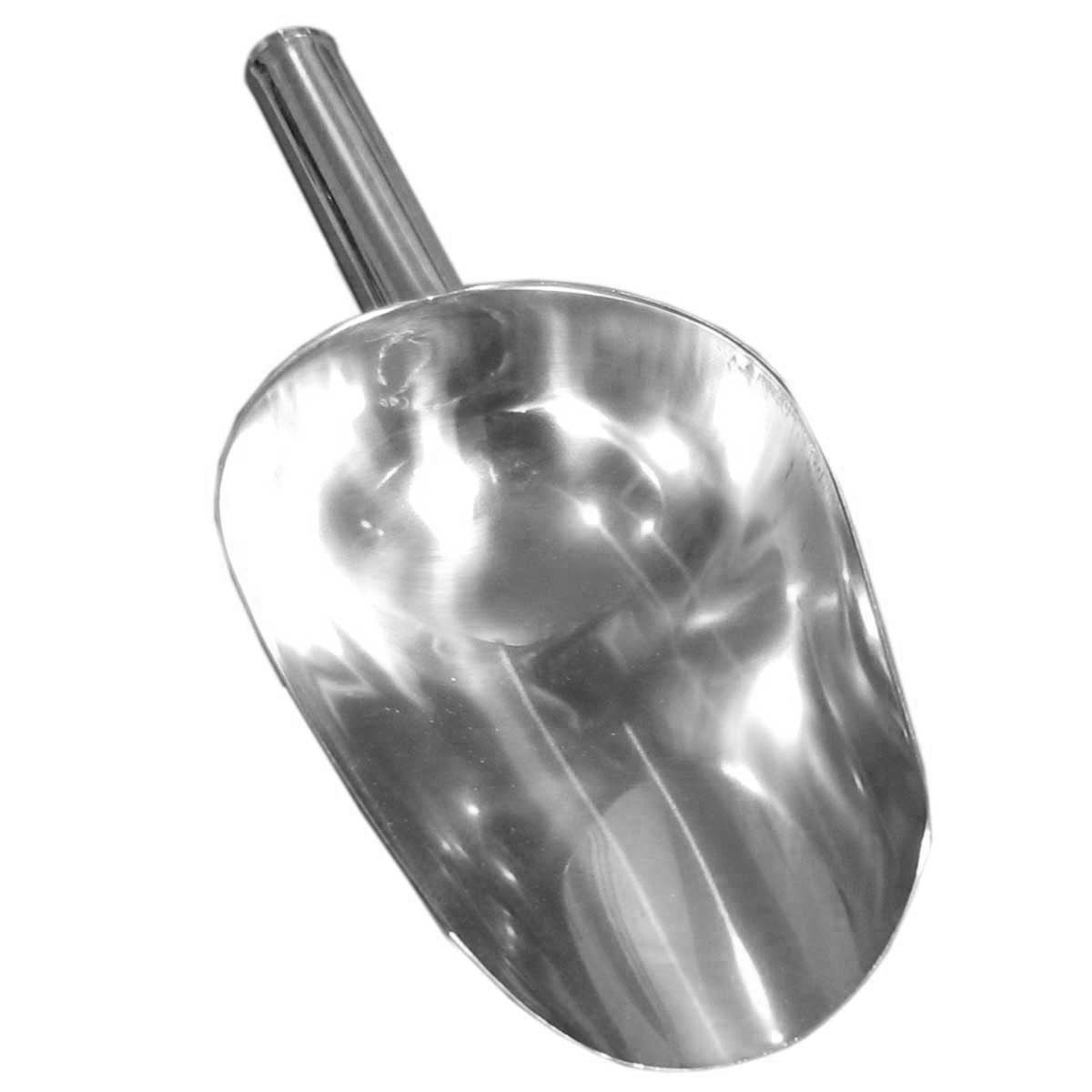 Pelle à popcorn en acier inoxydable brillant, avec une forme arrondie et un long manche, idéale pour servir des collations