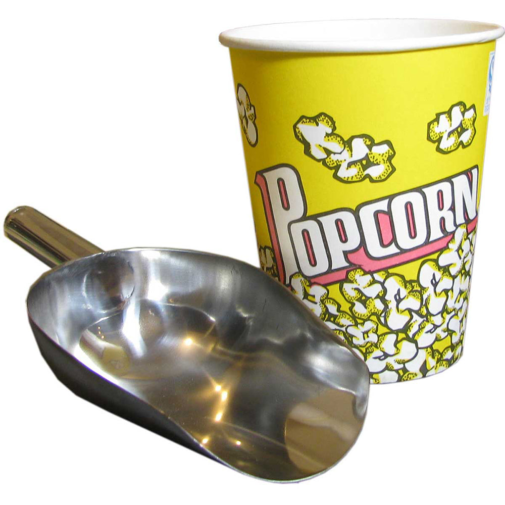 Gobelet à popcorn jaune avec motif éclatant, accompagné d'une pelle en métal brillant, idéal pour les soirées cinéma