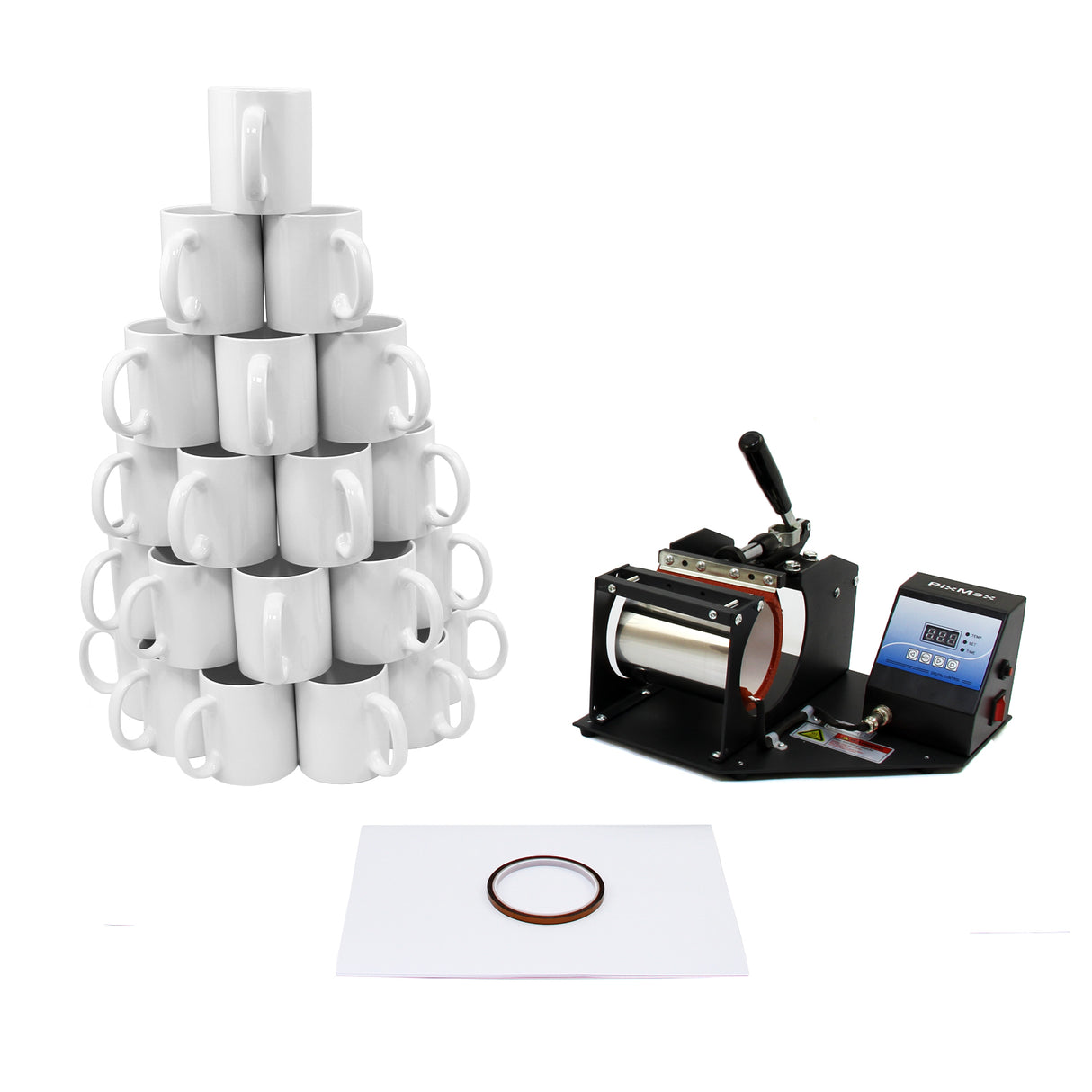 Presse à chaud pour tasses avec 72 tasses blanches vierges empilées, machine à transfert thermique à droite, écran numérique visible
