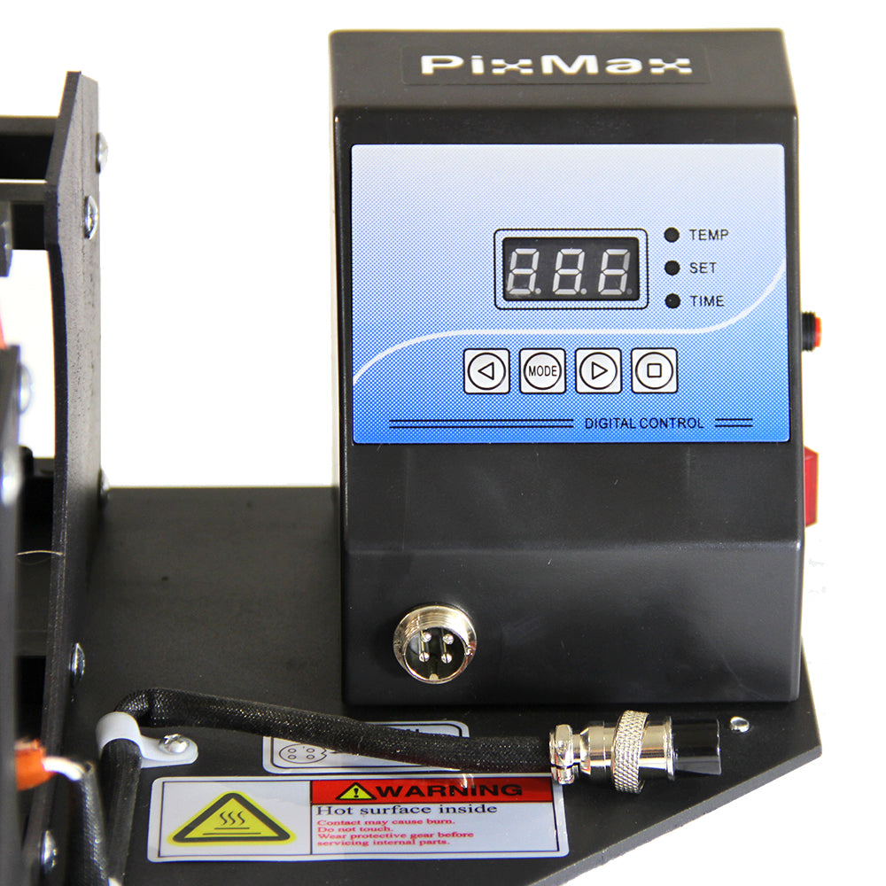 Presse à chaud PixMax avec écran numérique, boutons de contrôle, et avertissement de surface chaude sur fond noir et bleu