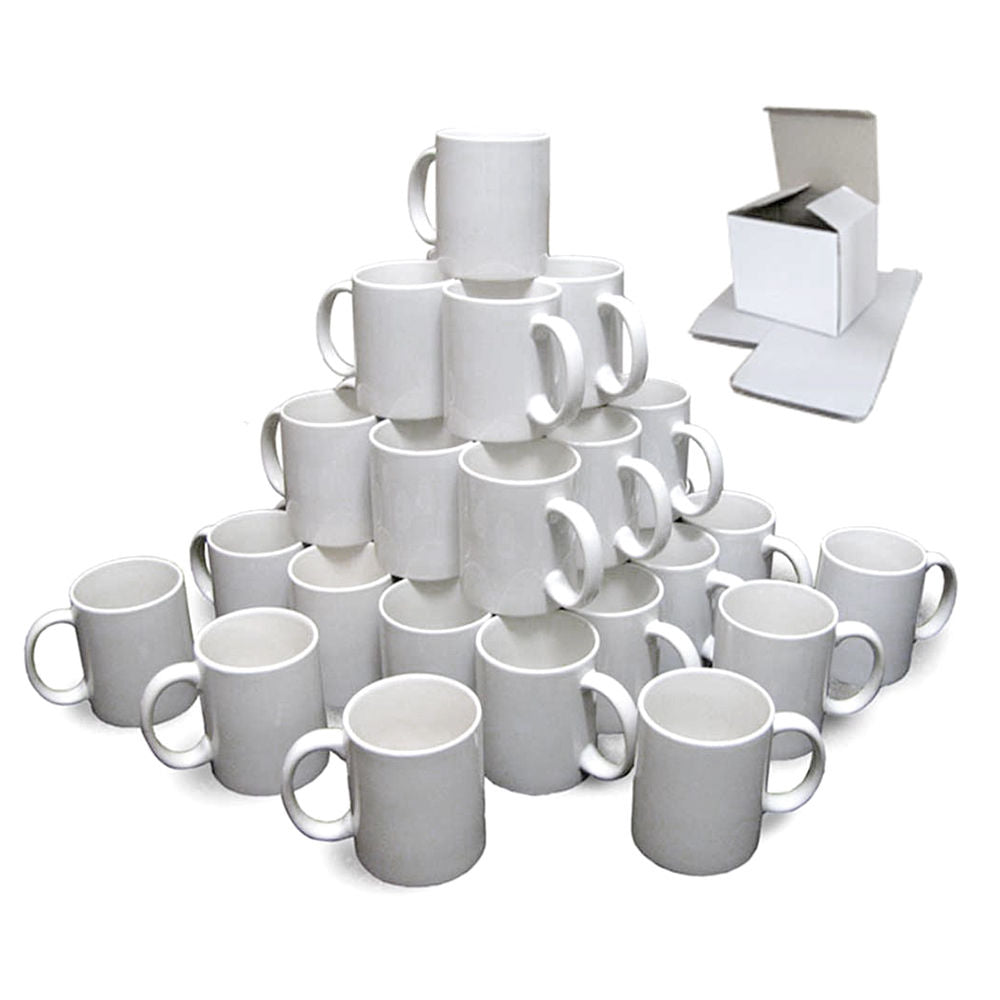 Tasses blanches vierges empilées, en céramique, prêtes pour personnalisation avec presse à chaud, accompagnées d'une boîte de rangement