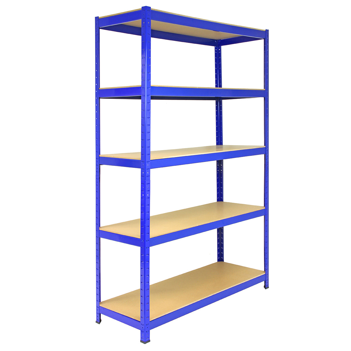 Rayonnage T-Rax en acier bleu, dimensions 120cm x 45cm x 180cm, avec cinq étagères en bois clair, idéal pour le rangement