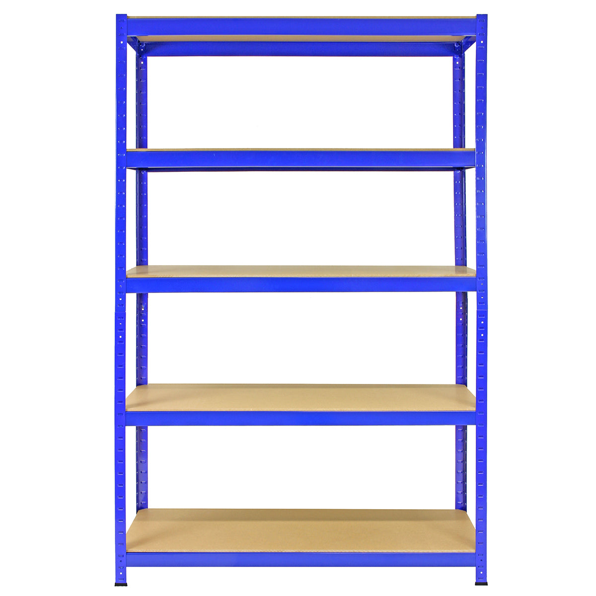 Rayonnage T-Rax en acier bleu, dimensions 120cm x 45cm x 180cm, avec cinq étagères en bois beige, robuste et spacieux