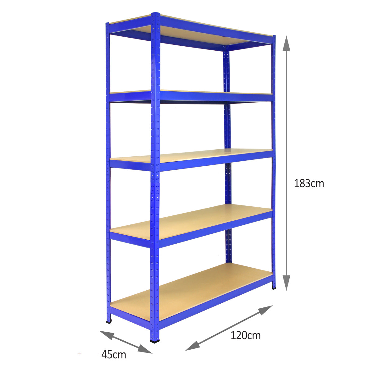 Rayonnage T-Rax en acier bleu, dimensions 120cm x 45cm x 180cm, avec étagères en bois clair, structure robuste et moderne