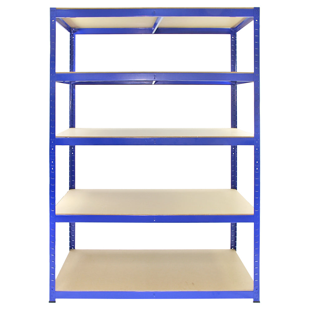 Rayonnage T-Rax en acier bleu, dimensions 120cm x 60cm x 180cm, avec cinq étagères en bois clair, conçu pour un rangement optimal
