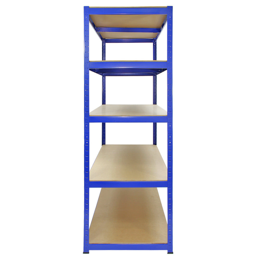 Rayonnage T-Rax en acier bleu, dimensions 120cm x 60cm x 180cm, avec cinq étagères en bois clair, offrant robustesse et espace de rangement