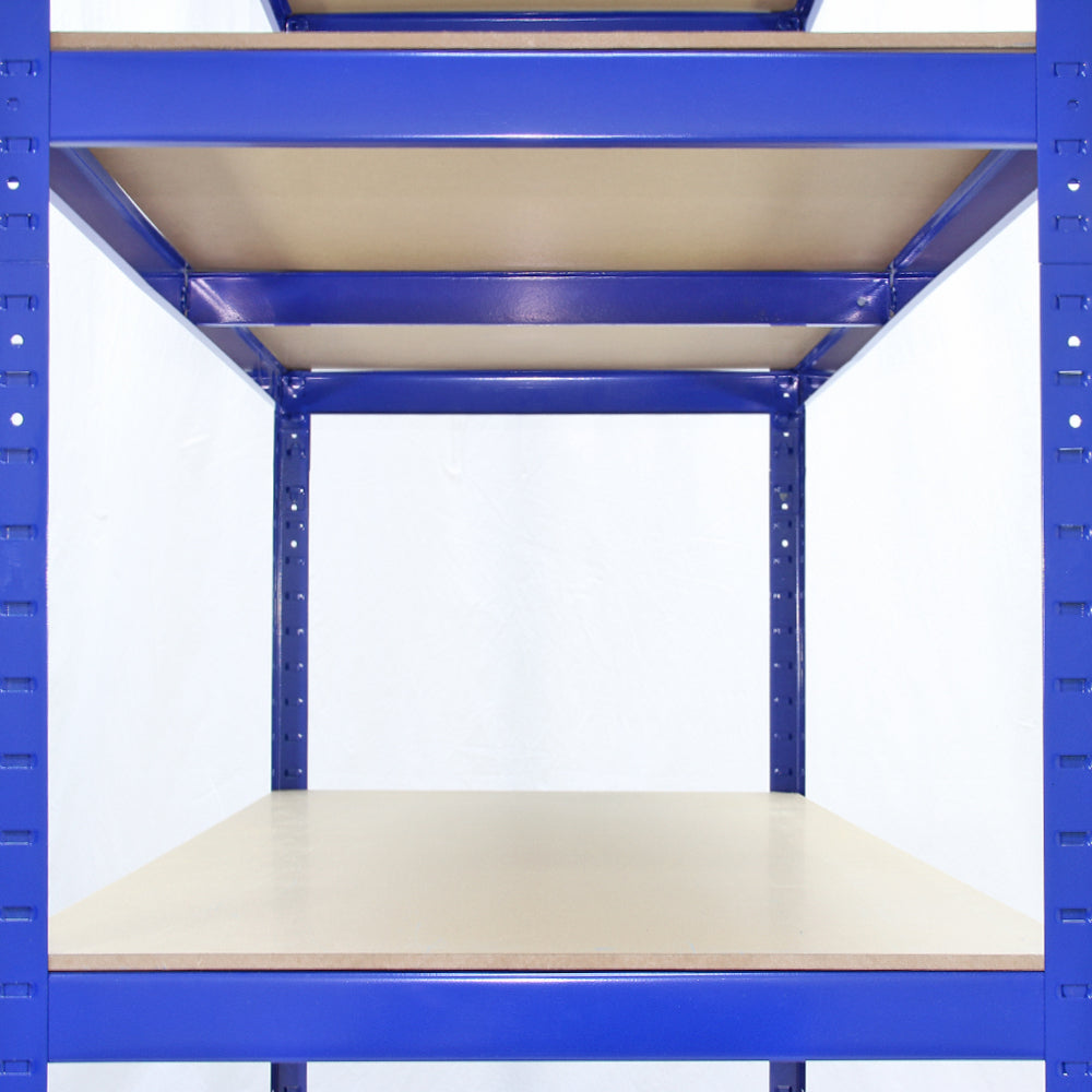 Rayonnage T-Rax en acier bleu avec étagères en bois clair, dimensions 120cm x 60cm x 180cm, offrant une grande capacité de stockage