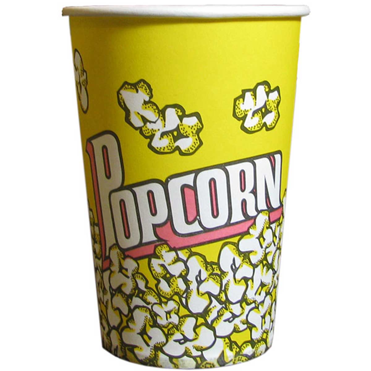 Gobelet à popcorn jaune vif décoré de maïs éclaté, avec le mot "Popcorn" en lettres roses sur le devant, idéal pour les fêtes