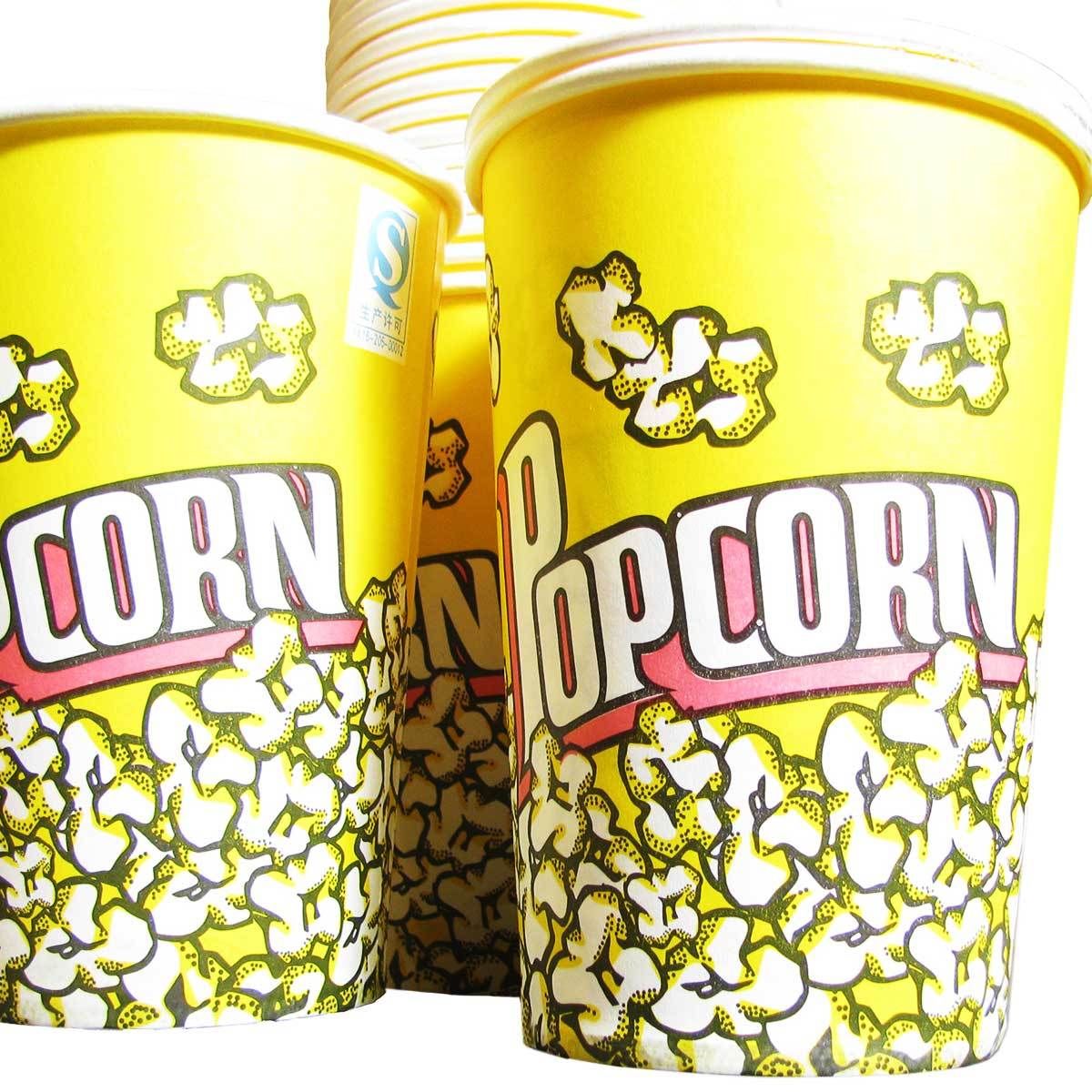 Gobelets à popcorn jaunes avec un motif de maïs éclaté, parfaits pour les soirées cinéma, en lot de 25 unités
