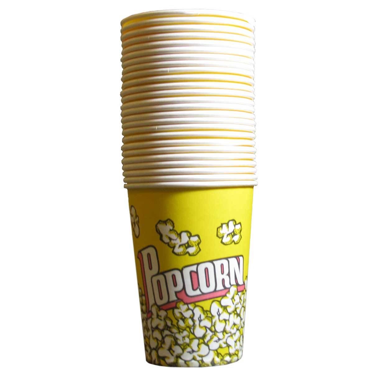 Gobelets à popcorn jaunes empilés, ornés de motifs de maïs soufflé et d'une inscription colorée "Popcorn" en rouge et blanc