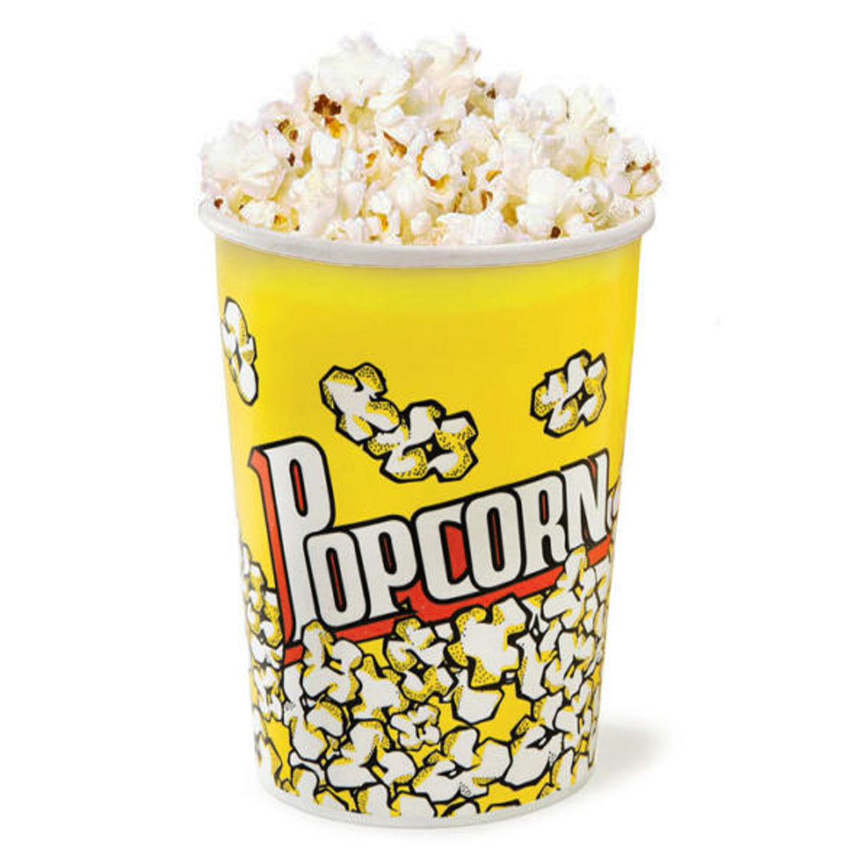 Gobelet jaune à popcorn avec motif éclatant, rempli de maïs soufflé léger et moelleux, idéal pour les soirées cinéma