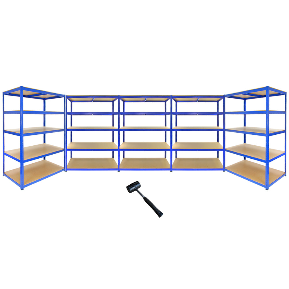 Rayonnages T-Rax en acier bleu, dimensions 120cm x 60cm x 180cm, avec étagères en bois, offrant une grande capacité de rangement