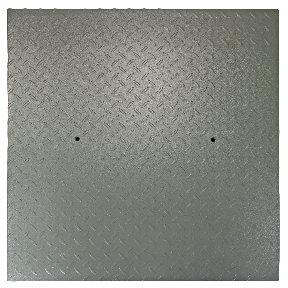 Plateau de balance industrielle T-Mech de 80 cm, surface en métal gris texturé avec motif en losanges et deux trous pour fixation