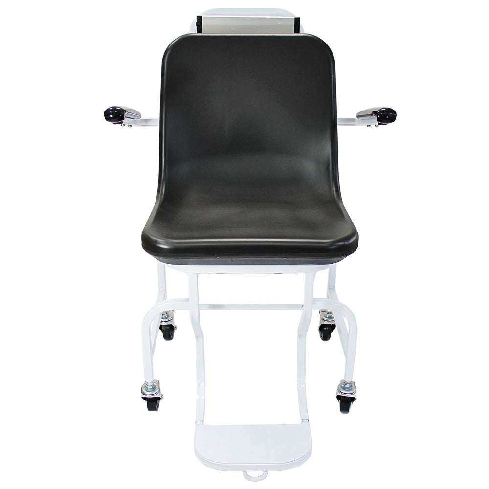 Fauteuil roulant pèse-personnes avec assise noire en vinyle, accoudoirs réglables et châssis en métal blanc, roulettes pour mobilité