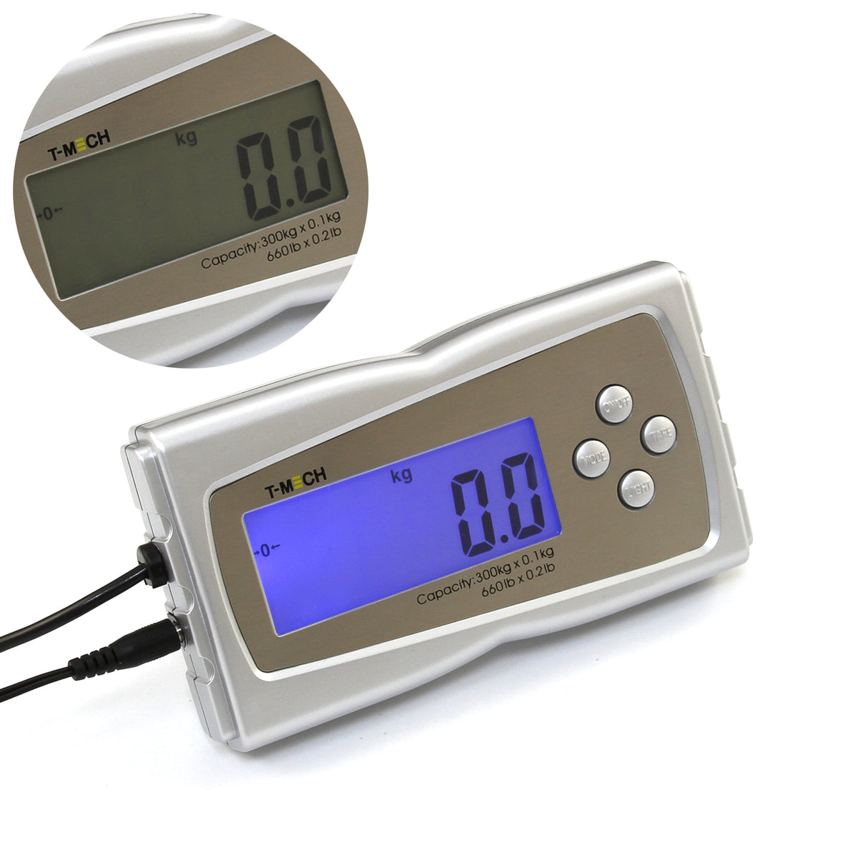 Balance à plate-forme en acier inoxydable, écran LCD bleu, boutons argentés, capacité de 300 kg, design moderne et épuré