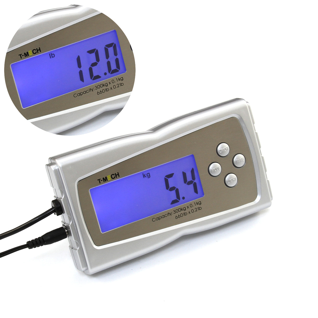 Balance à plate-forme en acier inoxydable, écran LCD bleu affichant 12 lb et 5,4 kg, boutons argentés, design moderne et épuré