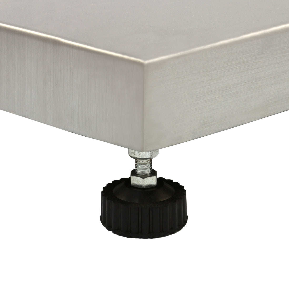 Plate-forme en acier inoxydable de 90 cm x 60 cm avec coins arrondis et pieds réglables en caoutchouc noir pour une stabilité optimale