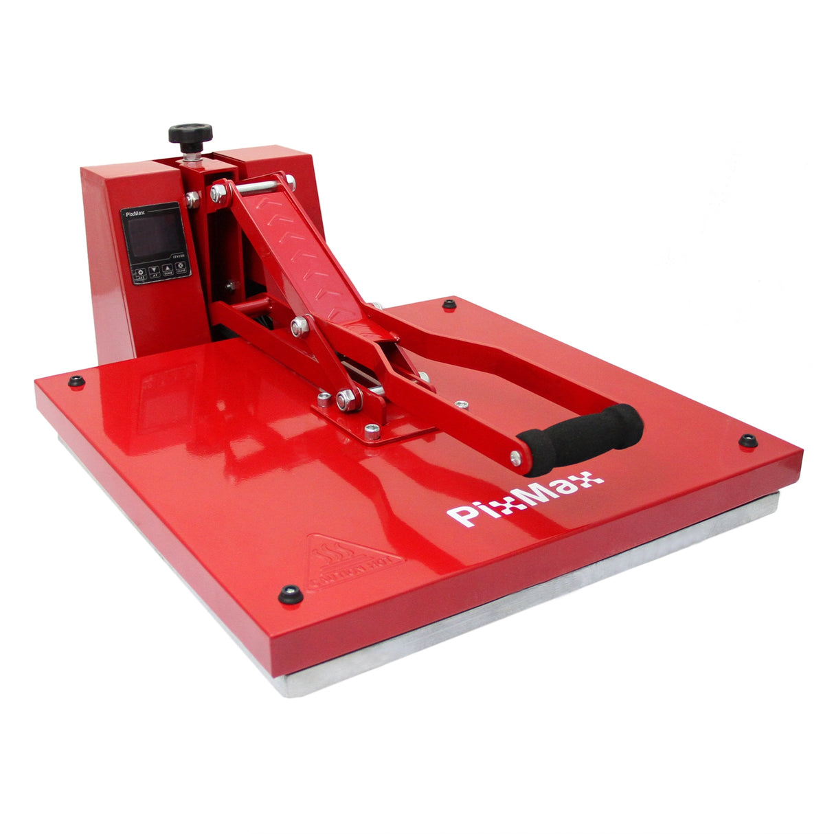 Presse à chaud PixMax rouge vif avec bras pivotant, surface lisse en métal et écran de contrôle numérique, idéale pour le transfert textile