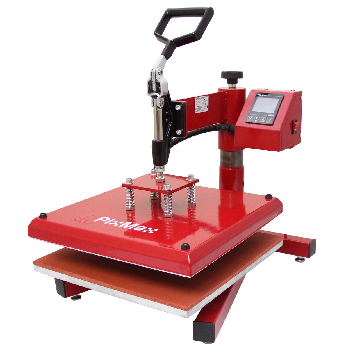 Presse à chaud PixMax rouge avec plateau en métal, boutons de contrôle et ressorts, idéale pour le transfert de vinyle