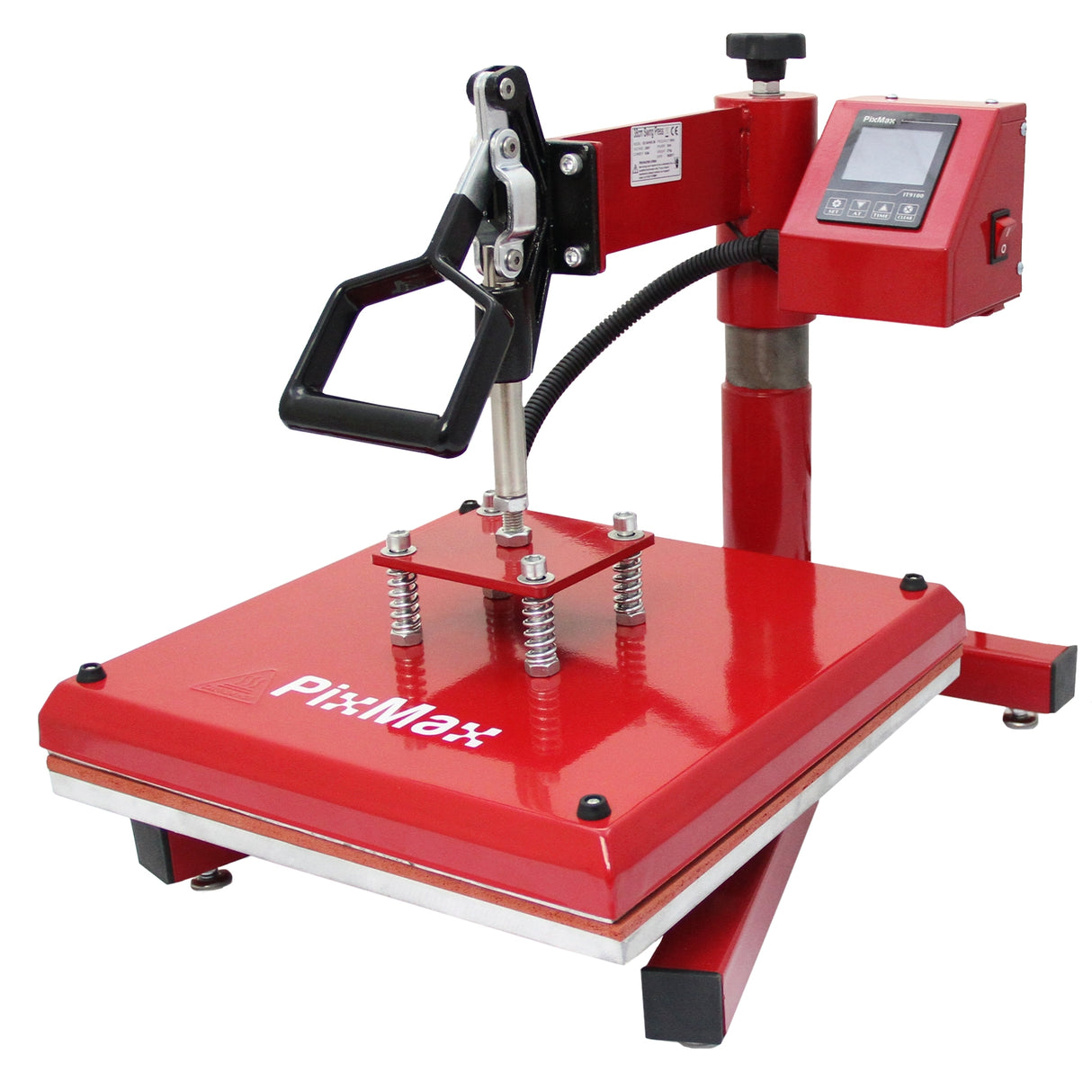 Presse à chaud PixMax rouge avec plateau de 38 cm, affichage numérique et poignée ergonomique pour un usage facile et précis