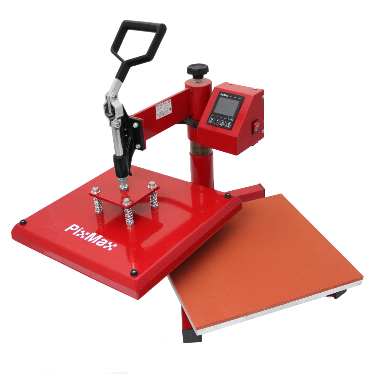 Presse à chaud PixMax rouge avec plateau de 38 cm, boutons de contrôle et bras de levage, idéale pour le transfert de vinyle