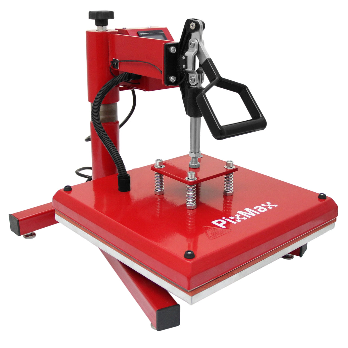 Presse à chaud PixMax rouge avec base stable, bras de levage et réglages pour une découpe précise de vinyle et accessoires