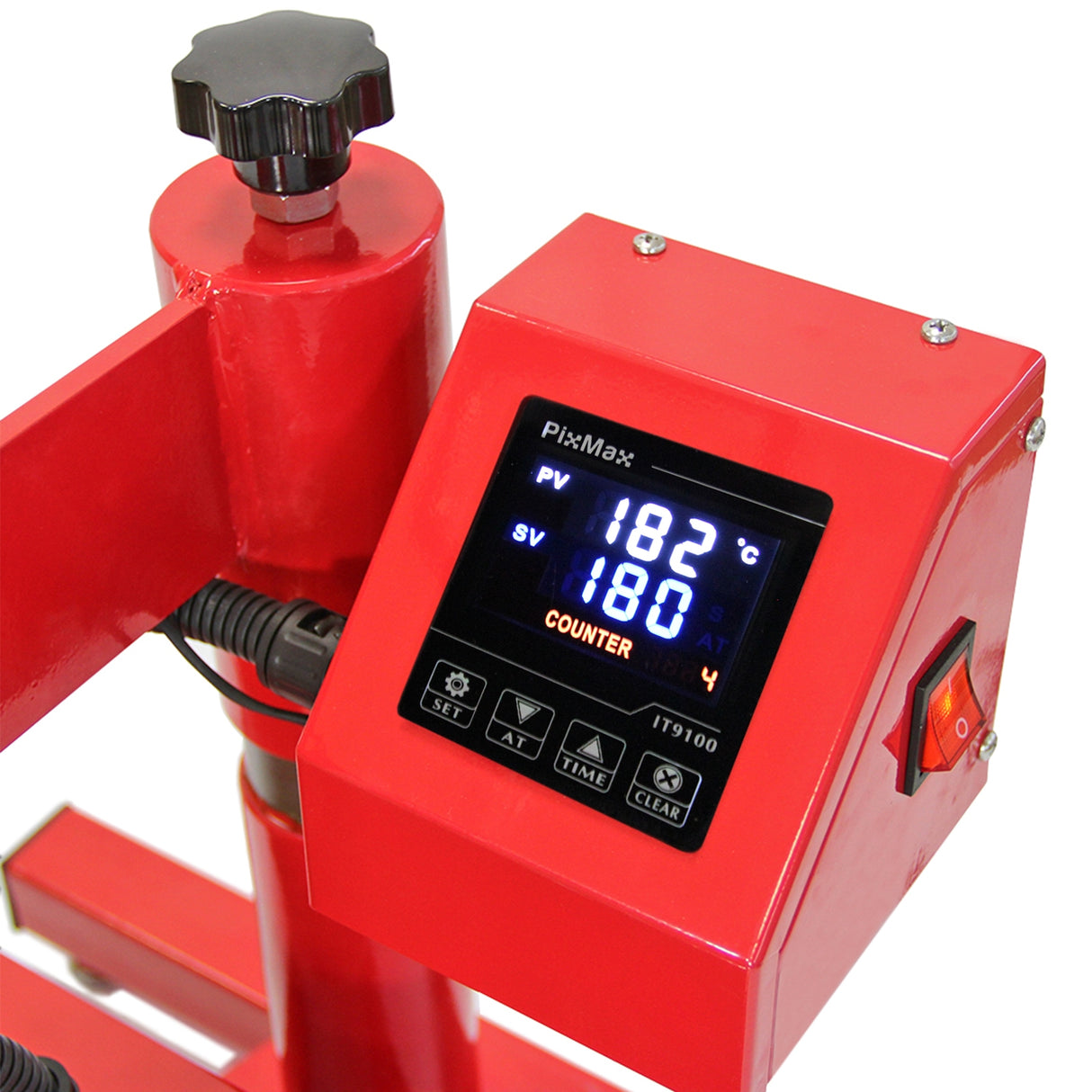Presse à chaud pivotante PixMax rouge avec écran numérique affichant la température et le compteur, conçue pour l'impression textile