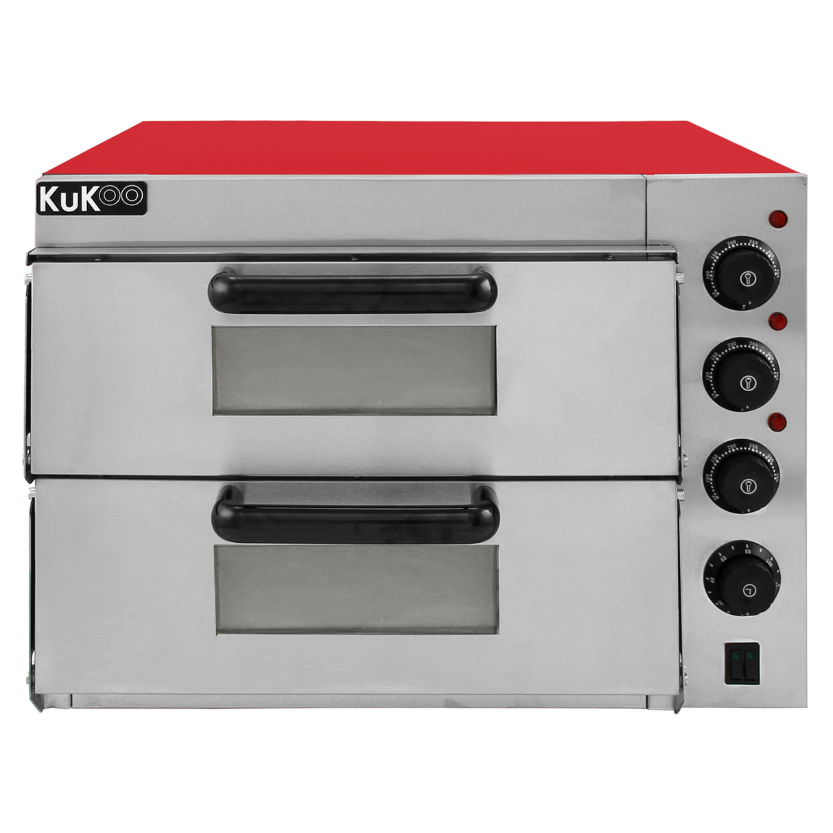 Four à pizza électrique KuKoo à double pont, finition en acier inoxydable, rouge vif, avec deux compartiments et commandes noires