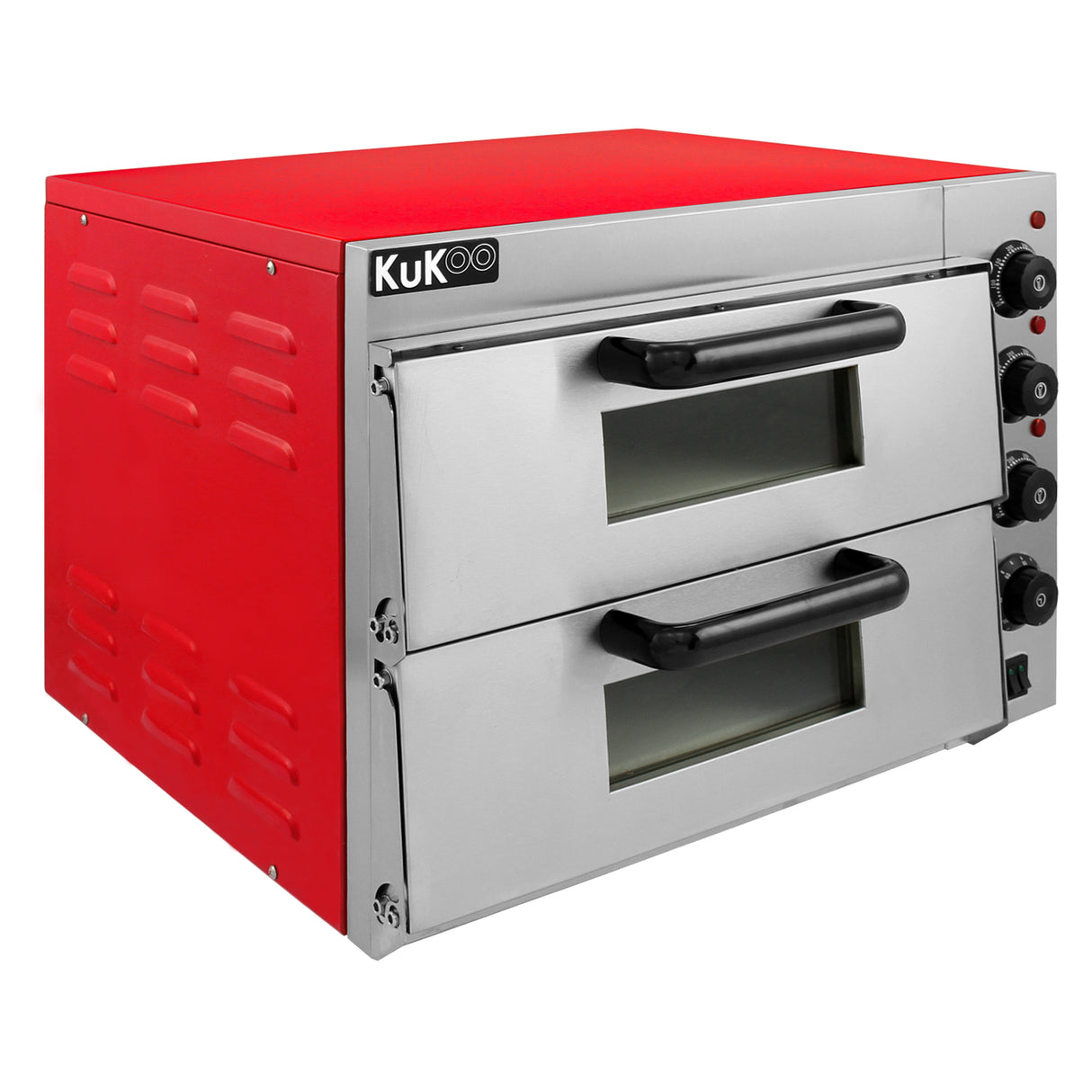 Four à pizza électrique KuKoo à double pont, finition rouge et acier inoxydable, avec deux compartiments et commandes intuitives