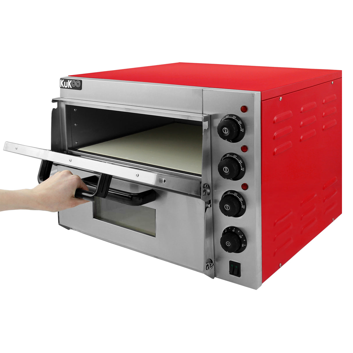 Four à pizza électrique KuKoo à double pont, rouge vif avec des commandes en acier inoxydable, surface de cuisson en pierre, design compact et moderne
